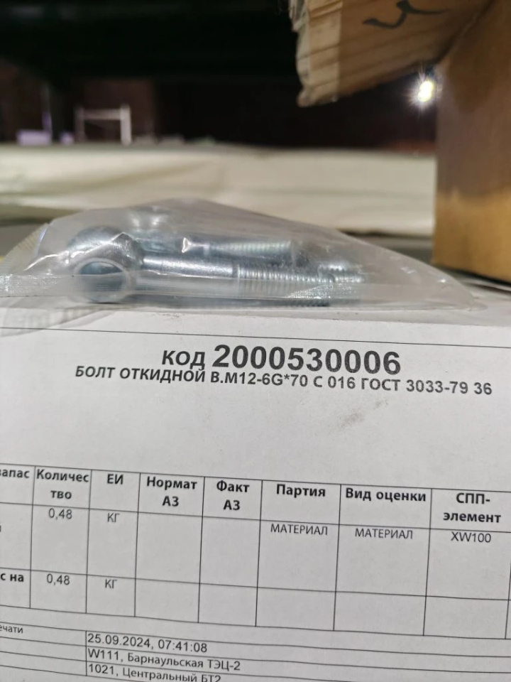 БОЛТ ОТКИДНОЙ В.М12-6G*70 С 016 ГОСТ3033
